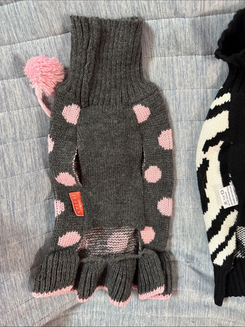 Gray & Pink Polka Dot Knit Dog Dress with Pom Trim
